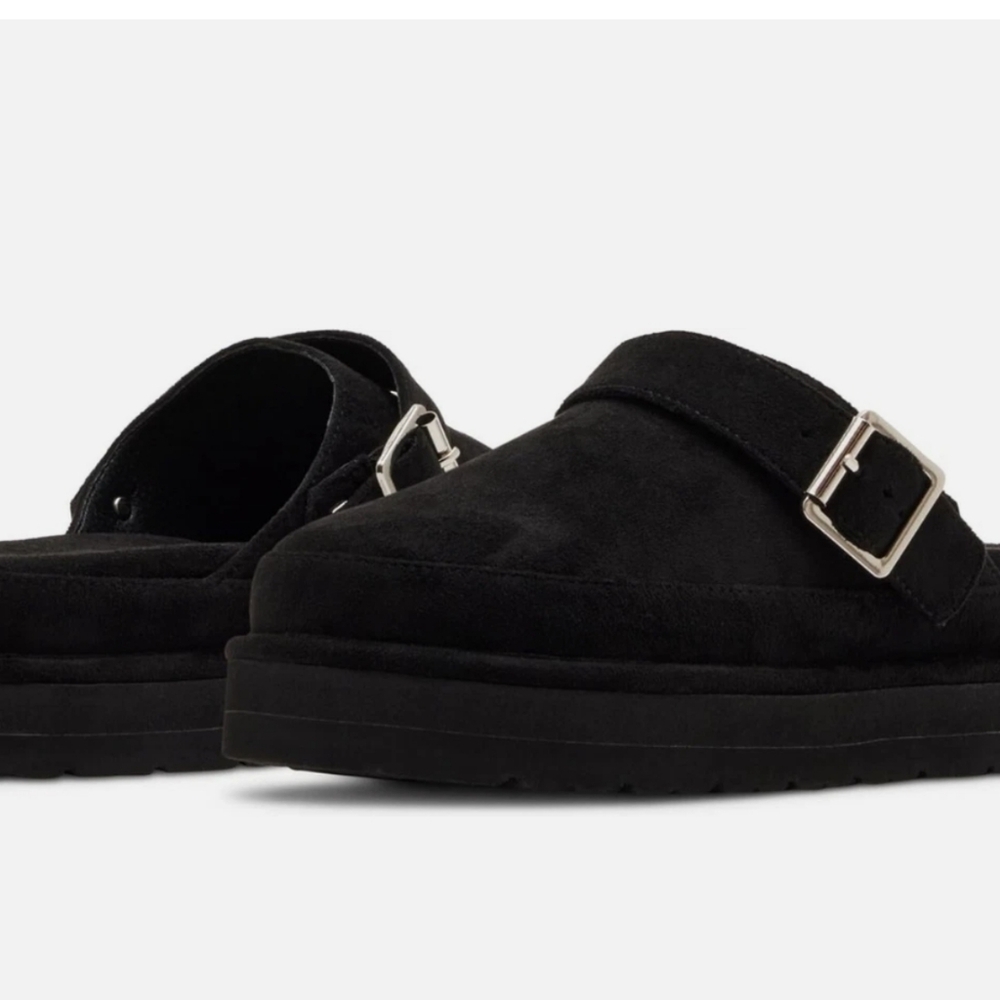 Black Suede Clogs with Buckle